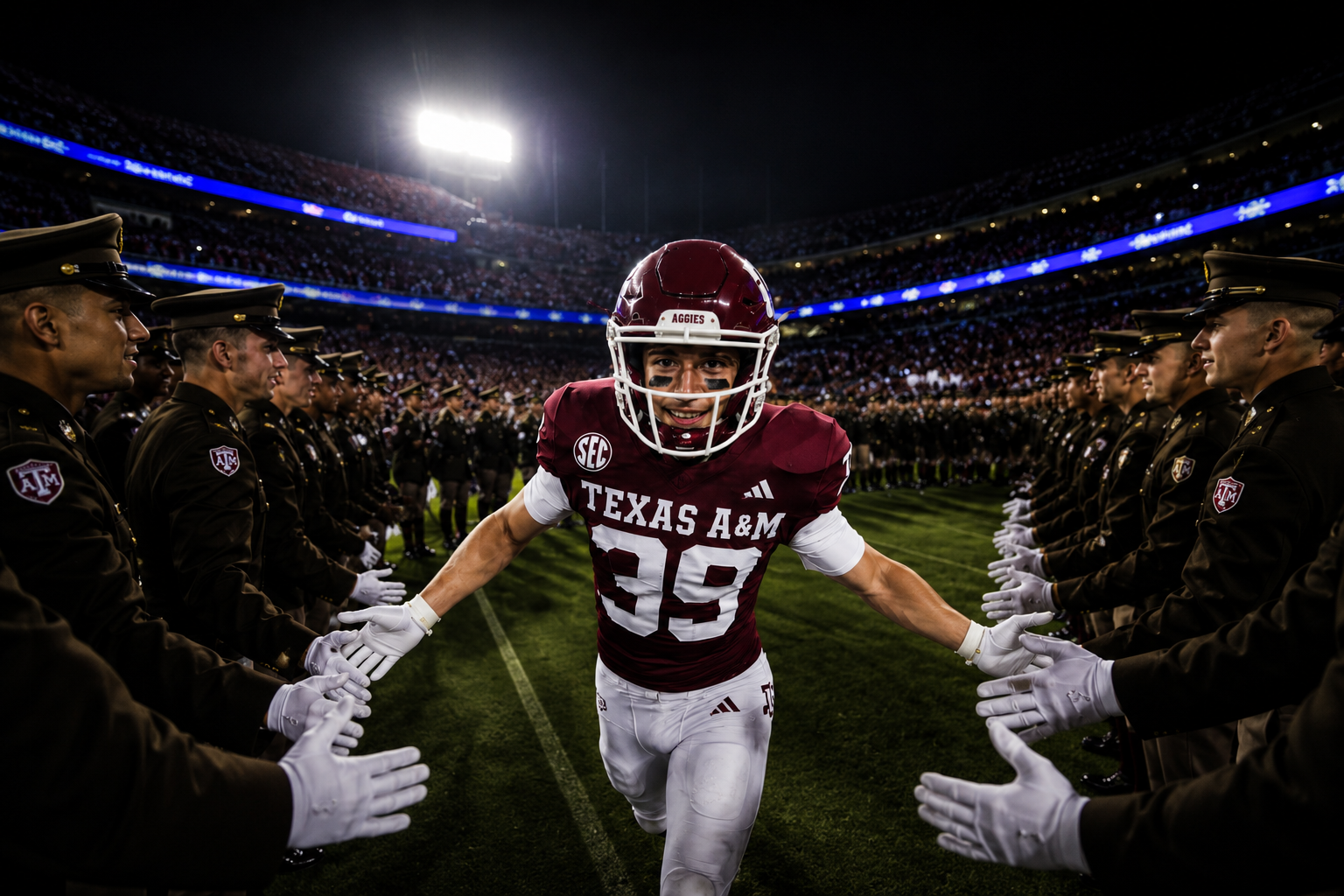 Sam Salz, former Division I football player, running through the Texas A&M Corps of Cadets